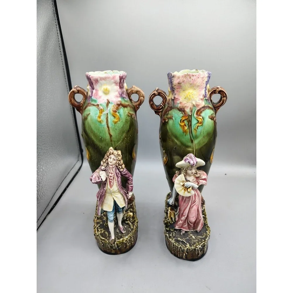 2-antique 1890's ~MAJOLICA old Victorian-era HAND-PAINTED vases. Ladies Arm Brok